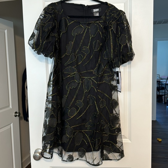 Dkny Dresses & Skirts - DKNY Women's Floral-Embellished Puff-Sleeve Dress Black/Gold Size 16
